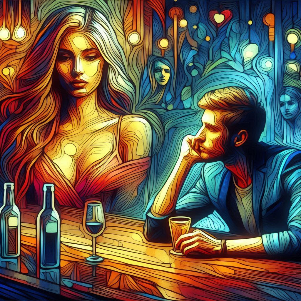 Un jeune homme qui imagine s'il n'était pas timide, ce que pourrait être sa rencontre avec une femme assise au bar.