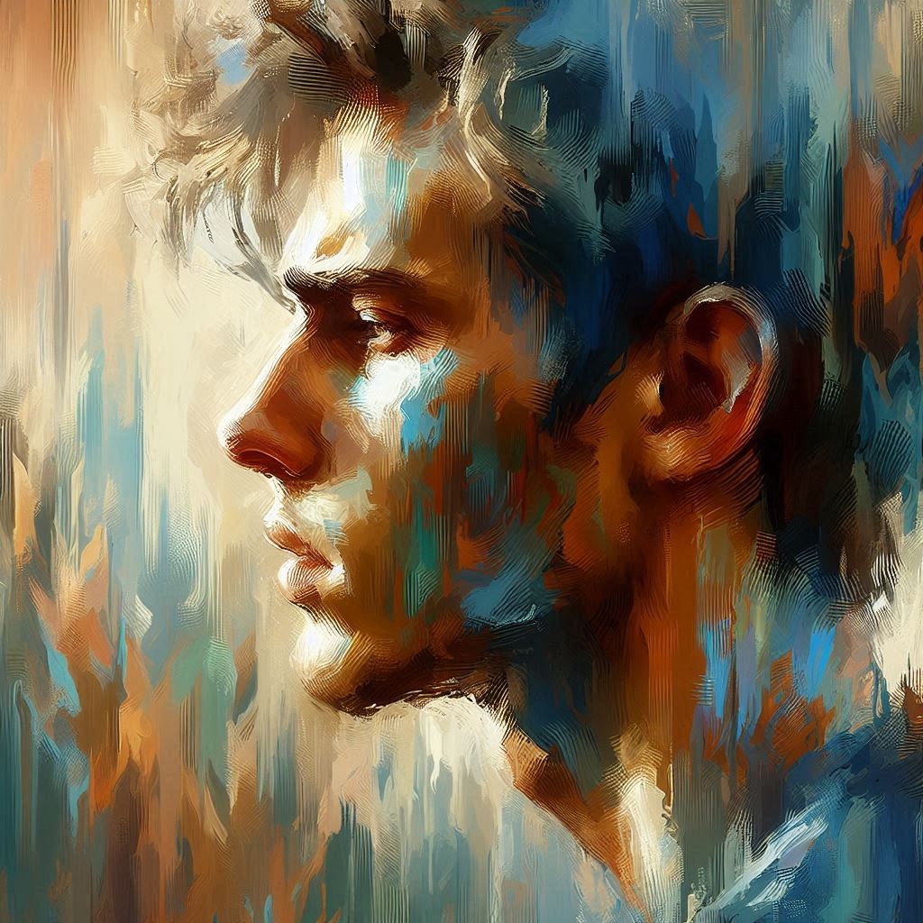 Un jeune homme pensif et ému en peinture généré par IA