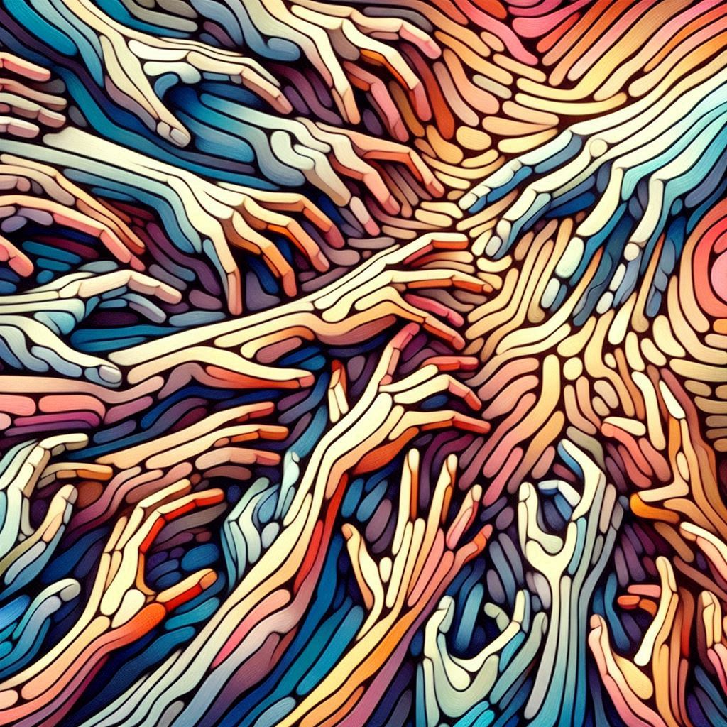 Des mains âgées qui tentent d'attraper une main jeune. Style abstrait orphisme.