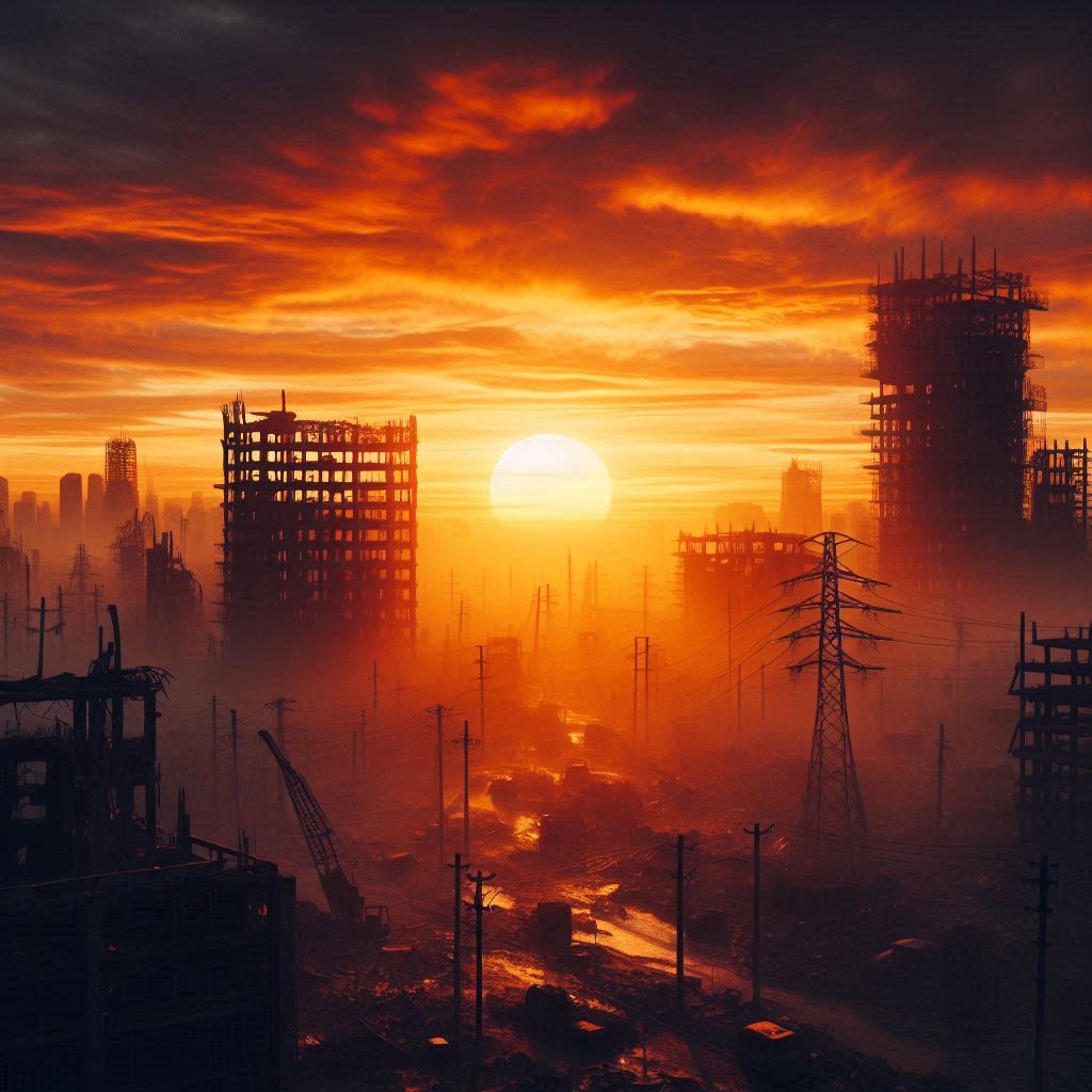 Illustration généré par l'IA de Microsoft designer représentant un soleil qui se couche laissant dans l'ombre ce qu'il reste de l'humanité.