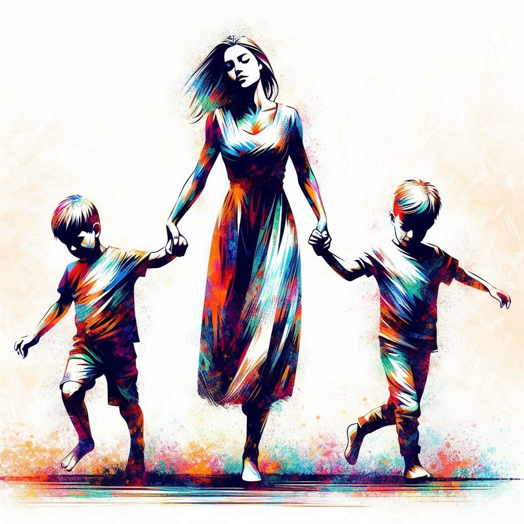 Une maman avec ses deux enfants qui continuent à marcher malgré les difficultés