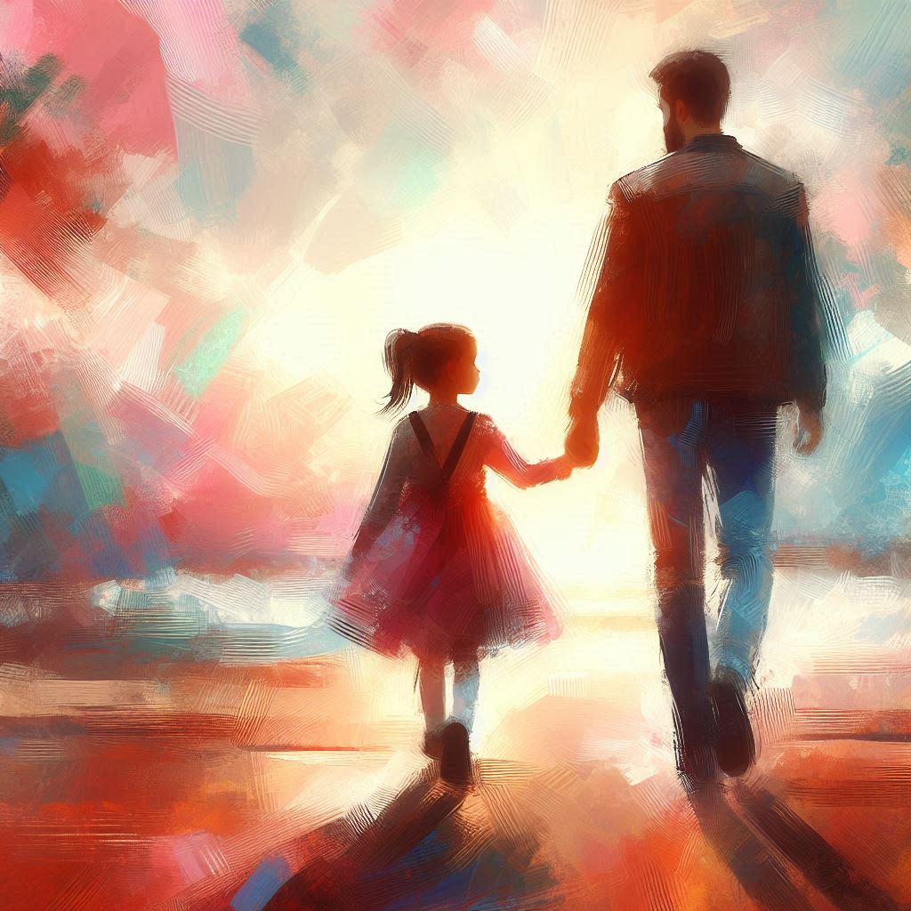 Un père et sa fille se baladant. Un amour grandissant. Généré par Microsoft Designer
