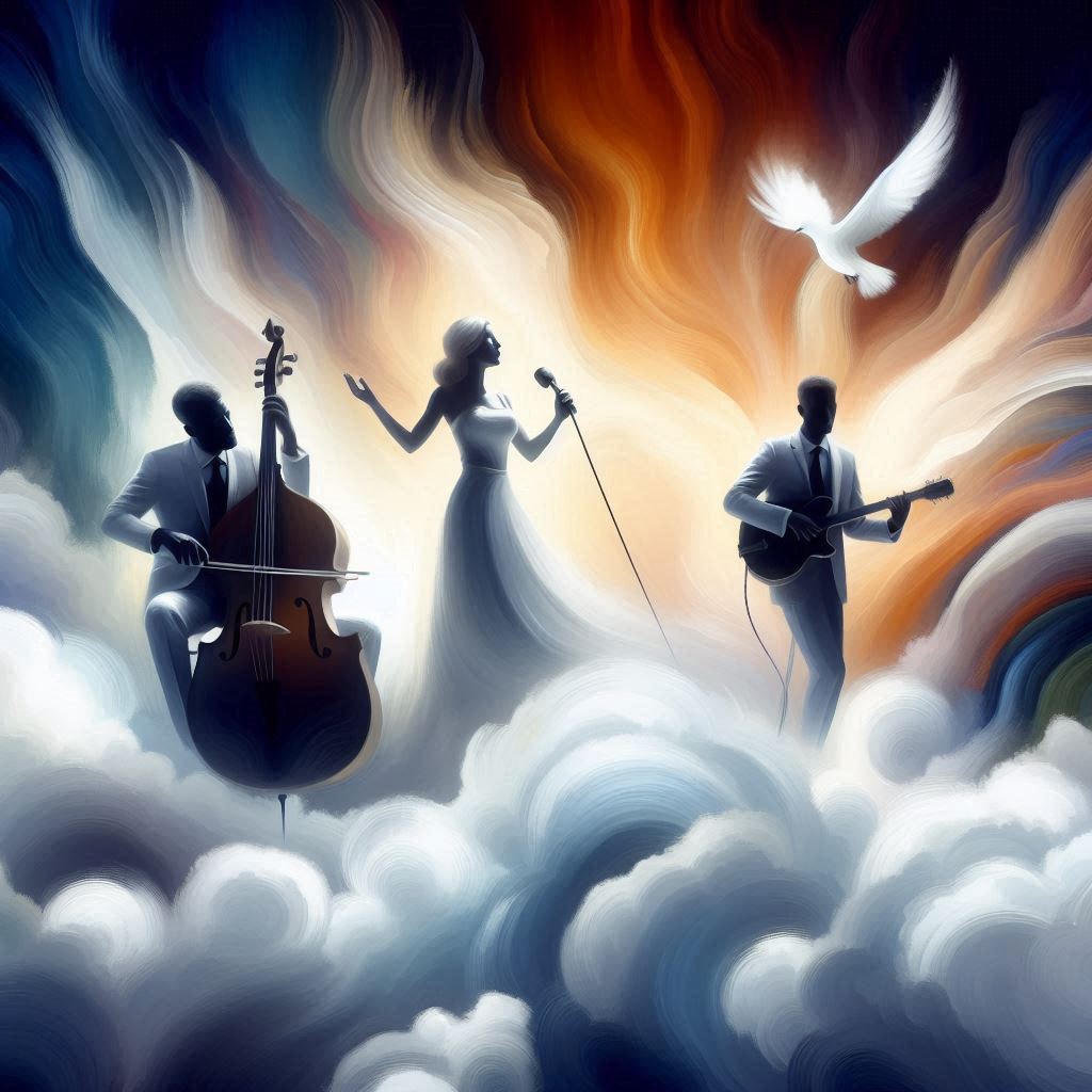 un groupe de jazz sur un petit nuage avec une chanteuse, un violoncelliste et un guitariste, généré par Microsoft Designer