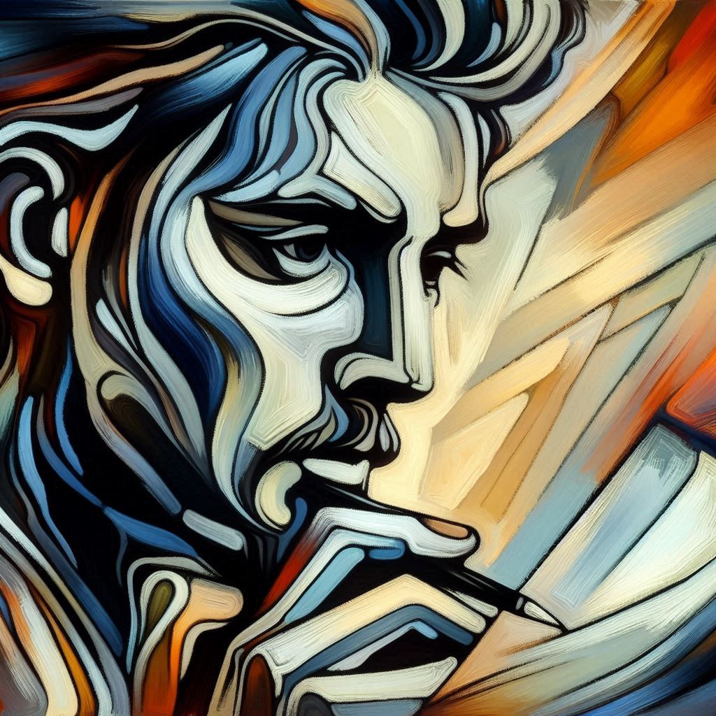 Un poète qui rédige un poèmes, les yeux emplis d'émotions. Style abstrait généré par Dall-E