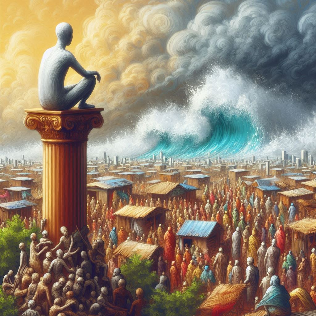 un humain heureux perché sur un piédestal, observant la foule de pauvres gens subissant les tempêtes et les bouleversements climatiques, style abstrait