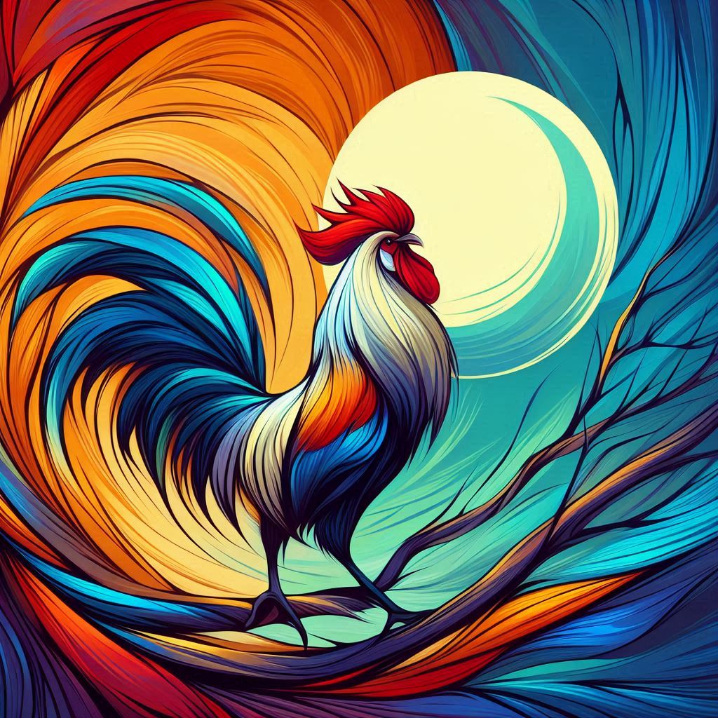 Un jeune coq perché sur sa branche, fier de chanter, alors que la lune est encore visible.