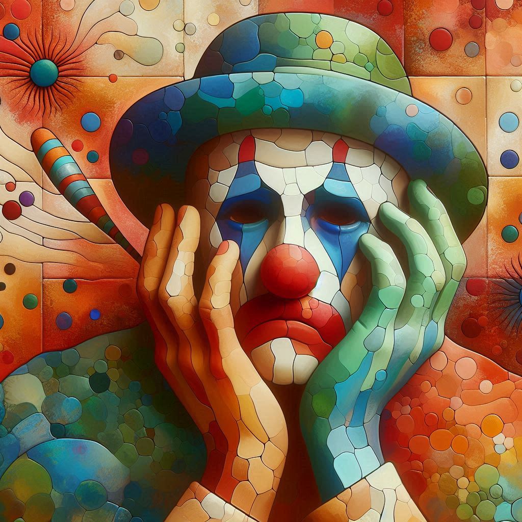 Un clown triste qui a mal au main de jongler. Style abstrait céramique et coloré.