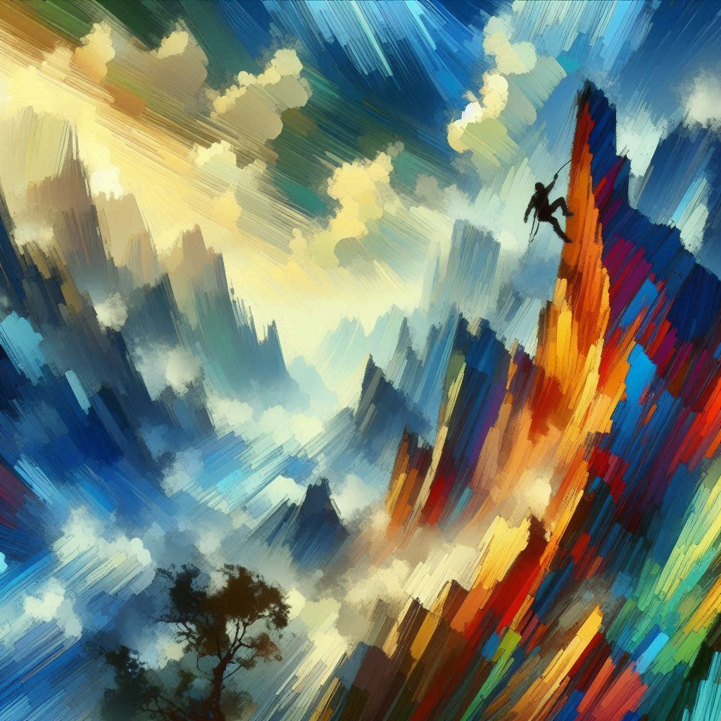 On distingue à peine un homme qui monte une falaise colorée extrêmement haute et difficile. Le vent et la pluie l'empêchent de monter. Style abstrait