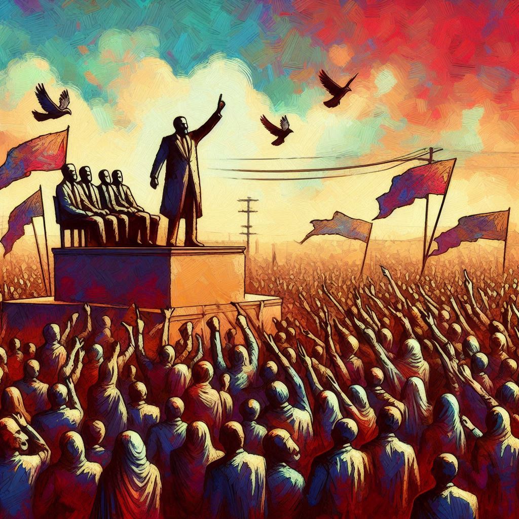 La foule qui acclame un homme pourtant maléfique et aux idées sombres, perché sur son estrade dans un décors de chaos et d'ignorance, style abstrait et coloré