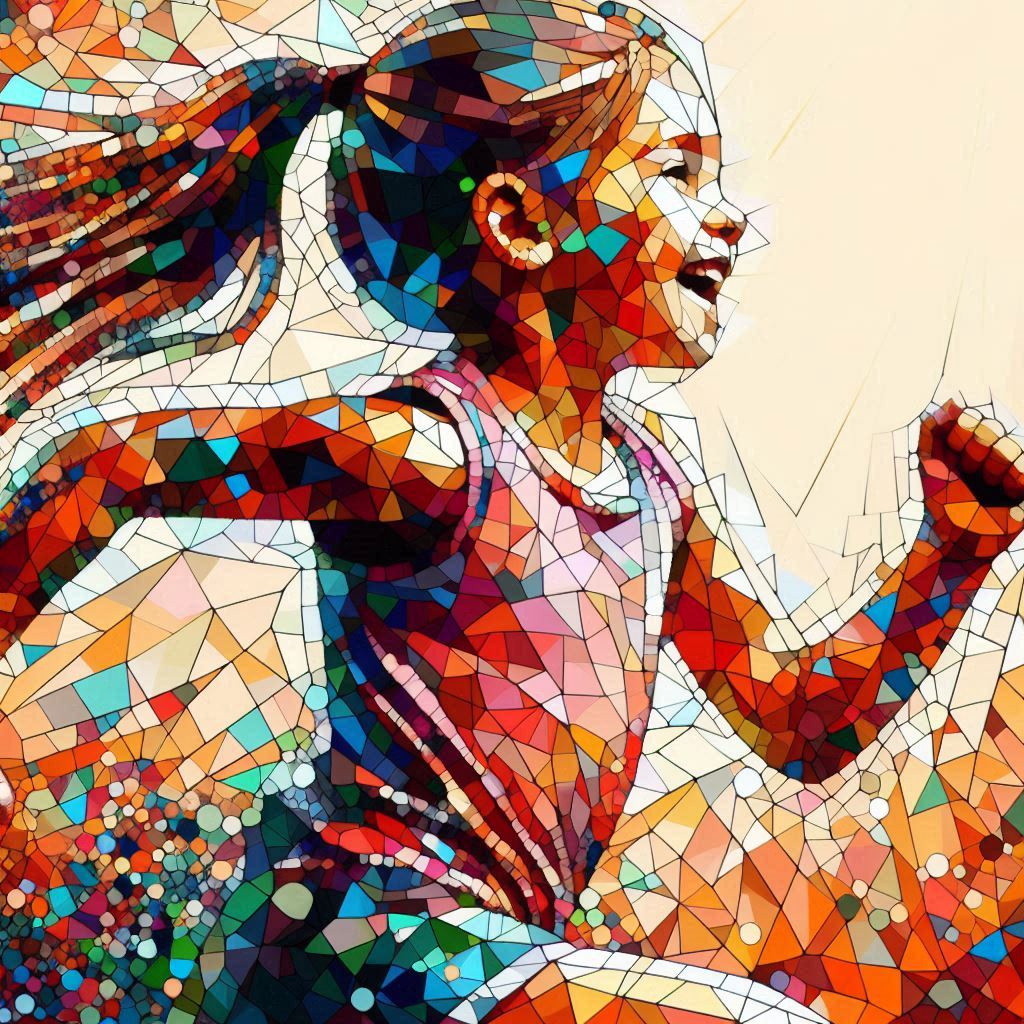 Une petite fille qui court avec un grand sourir, elle a l'air forte, déterminée et heureuse, style abstrait mozaique et coloré