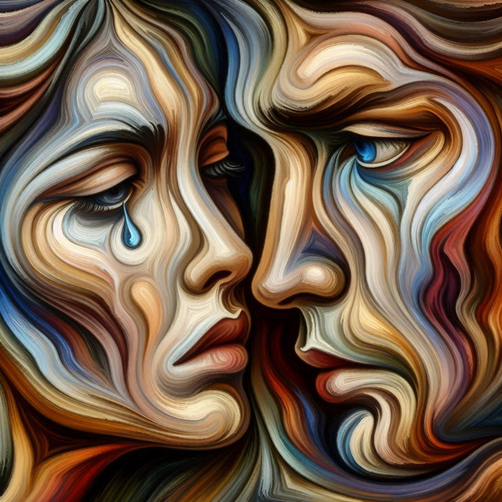 Les visages d'un homme et d'une femme face à face. La femme, une larme à l'oeil, baisse les yeux comme pour ne plus voir l'homme en face d'elle, style abstrait.