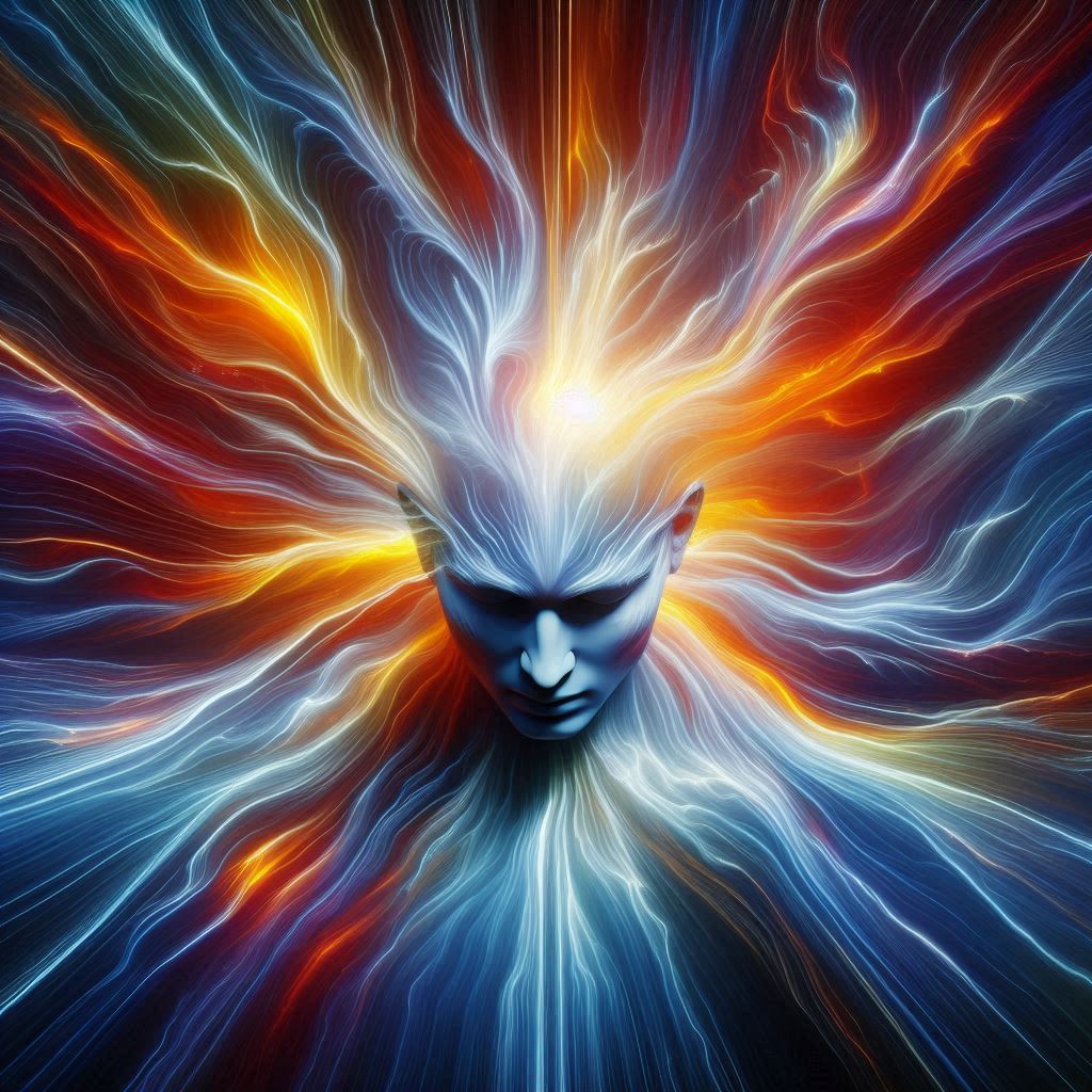 Un tête masculine d'où émane une force puissante qui rayonne autour.