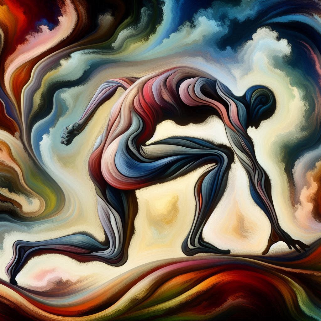 Un homme affaibli qui tente de se relever et de faire un pas en avant, style abstrait