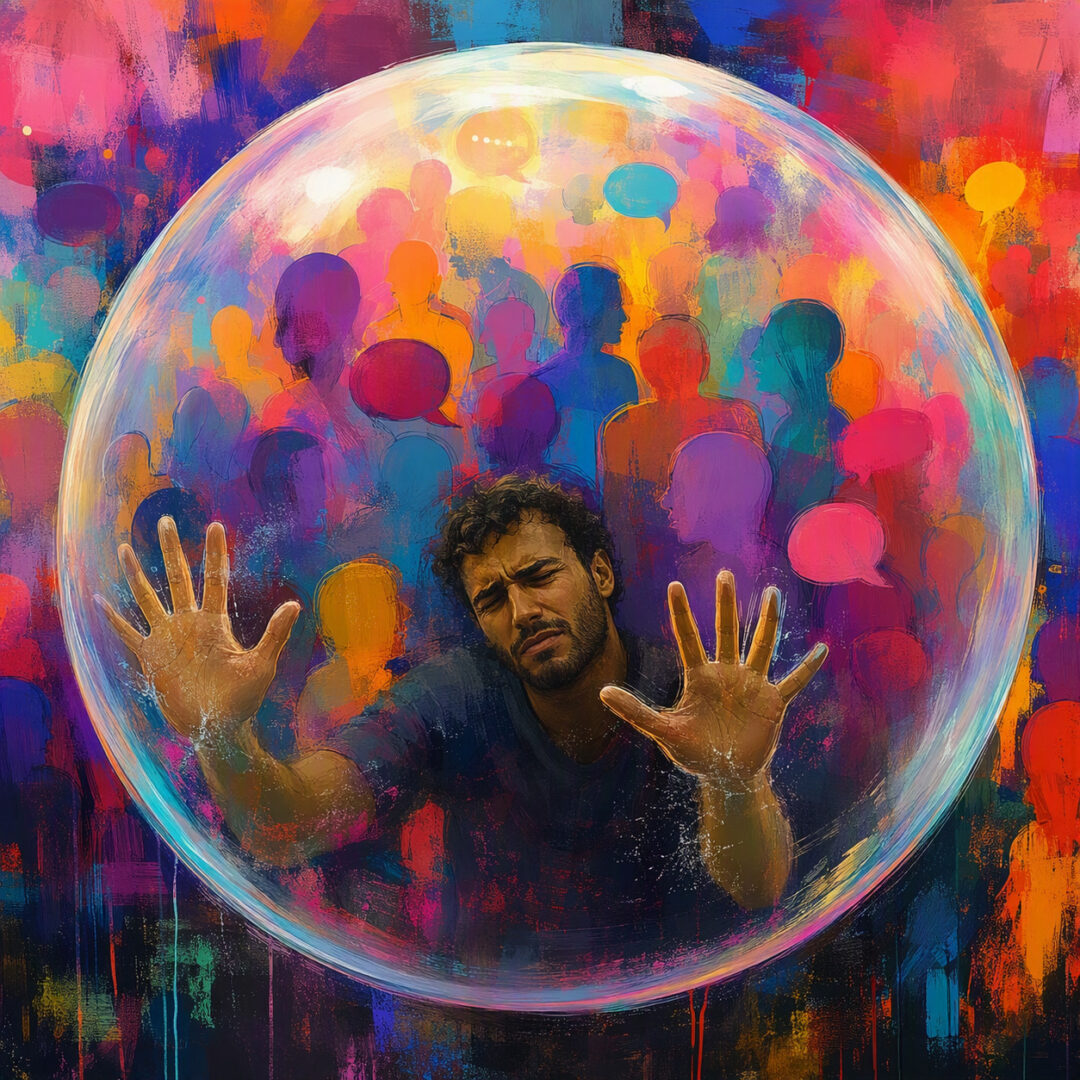 Un homme brun, seul dans une grande bulle sociale qui tente de s'en extraire. On voit ses mains à travers la bulle en train de pousser désespérément pour en sortir en vain. Style abstrait très coloré pastel